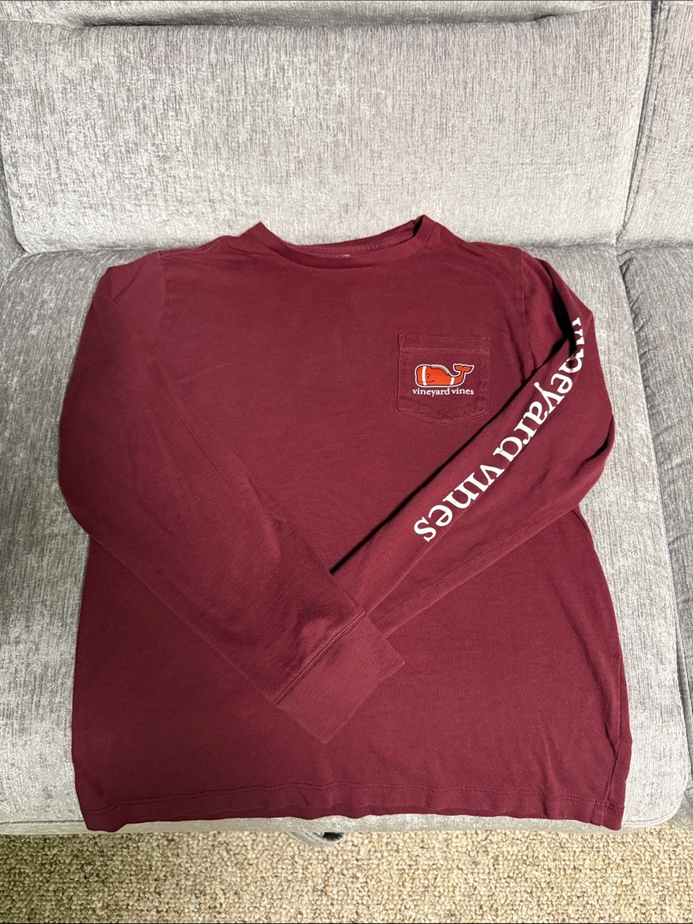 Vineyard Vines kid’s Long-Sleeve Pocket Tee - Maroon with White Sleeve Logo